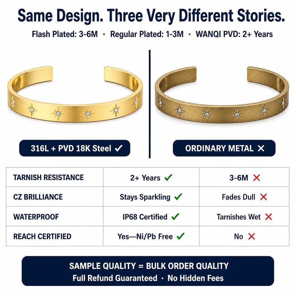 PVD 18K Gold Plated Stainless Steel Non Tarnish Free Water Proof Jewelry Sparkly North Cz Star Cuff Bangle Bracelet for Women