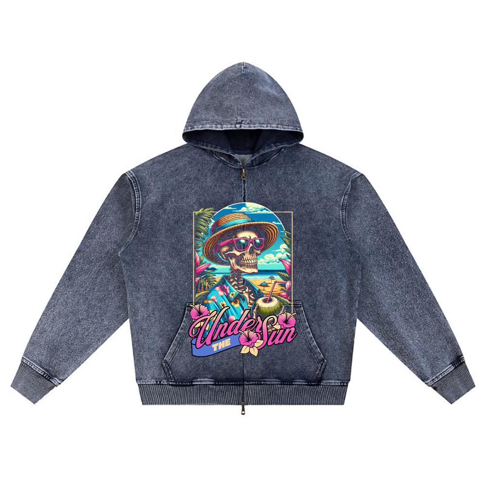 DTG Print Knitted Denim Zip-Up Hoodie Summer Graphic Brother Print Zipper Hoodies  