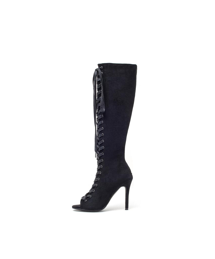 Ssimeez Suede Lace-Up Open-Toe Heel Boots (Black)