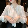 Bowknot White Chiffon Shirt Women's Spring and Autumn Design Sense Top Long Sleeve Basecoat Chiffon Shirt