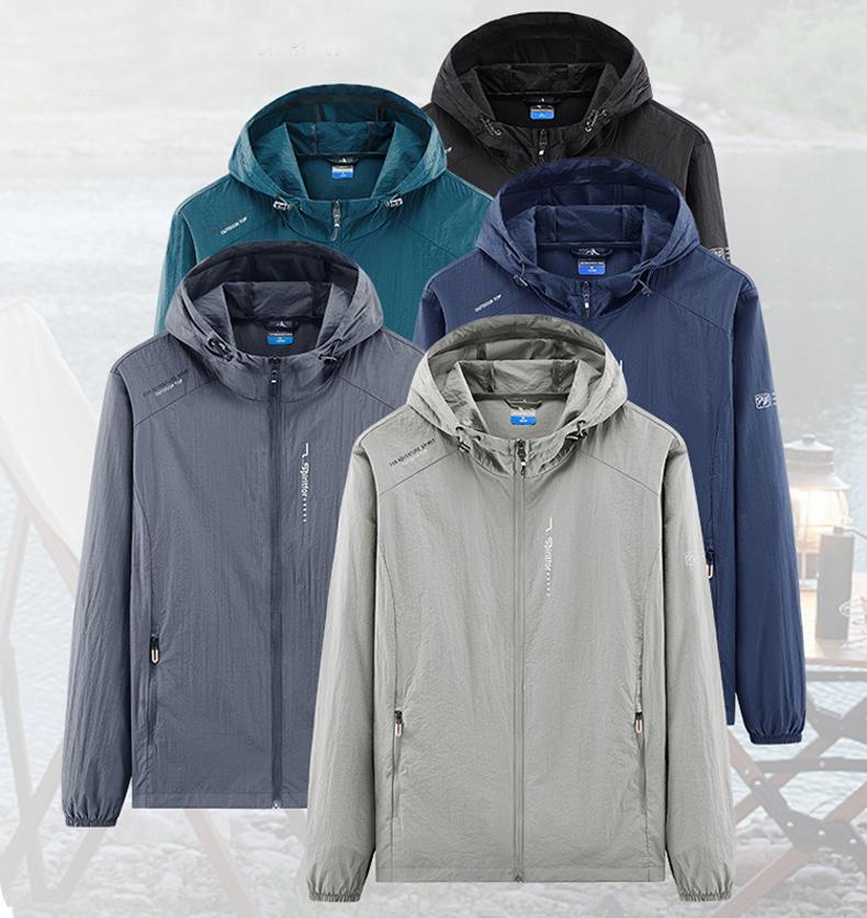 Летняя уличная быстросохнущая солнцезащитная тонкая куртка для мужчин, походная, рыбная, велосипедная, с капюшоном, спортивная ветровка для спортзала, ультралегкие пальто