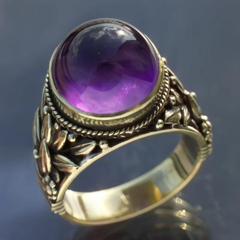 European and American gold-plated ring with smoky purple cubic zirconia, vintage style, and a touch of luxury