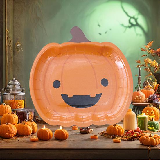 Хэллоуин Тыква Бумажные тарелки Черные Оранжевые Тарелки-гримасы тыквы Одноразовые сервировочные подносы для угощений на Хэллоуин