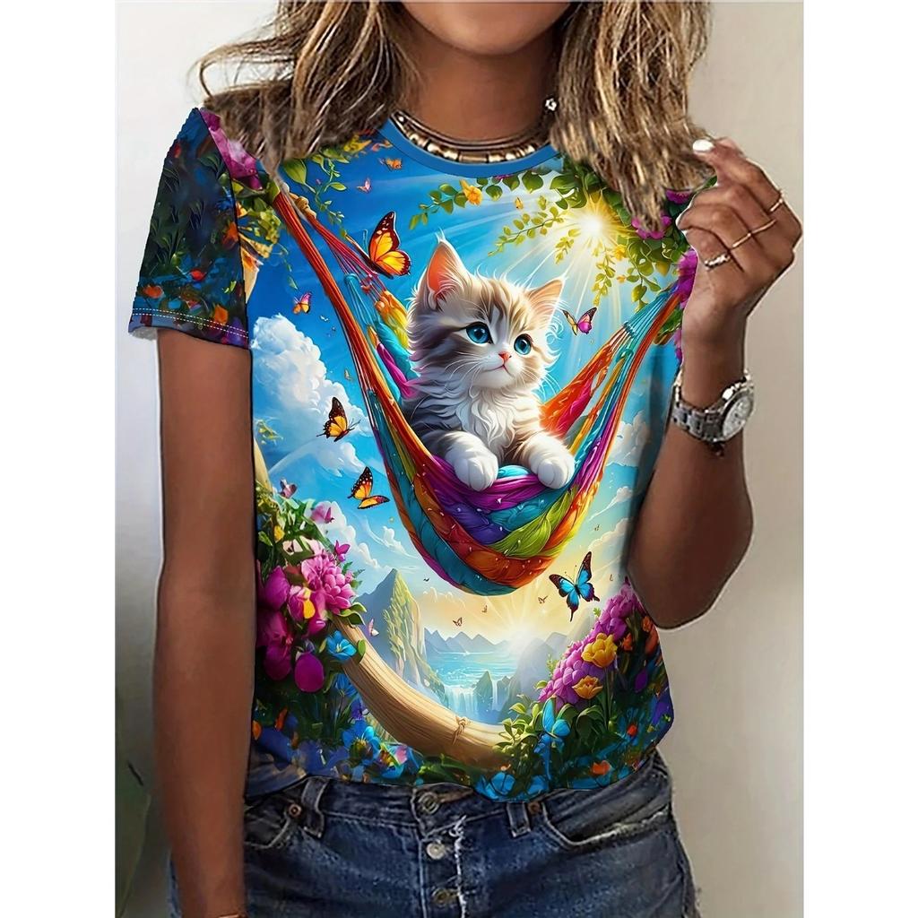 2025 Summer New Women's 3D Digital Printed T-shirt Creative Animal Pattern Round Neck Casual Short Sleeve Loose Fashion Top