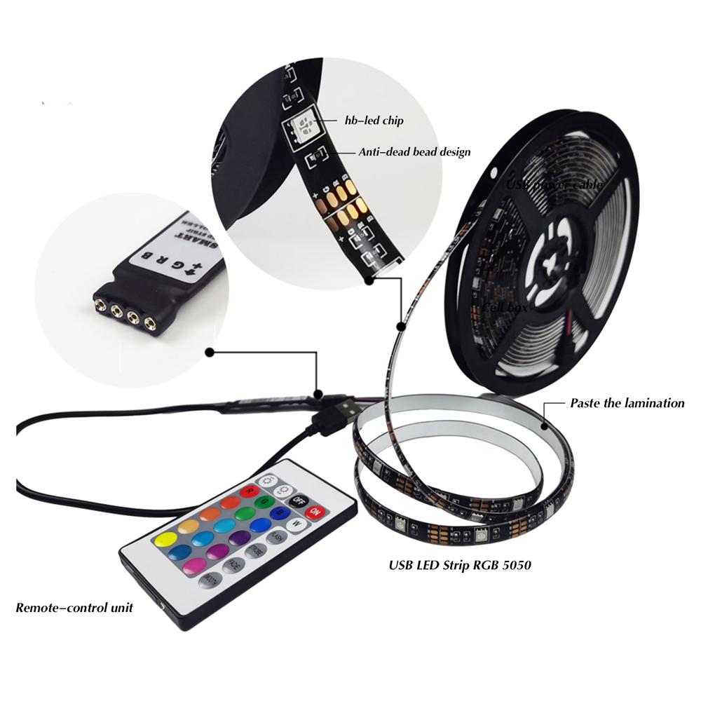 Светодиодная лента USB 5M с пультом на 24 клавиши – RGB подсветка для телевизора, клавиатуры и декора дома