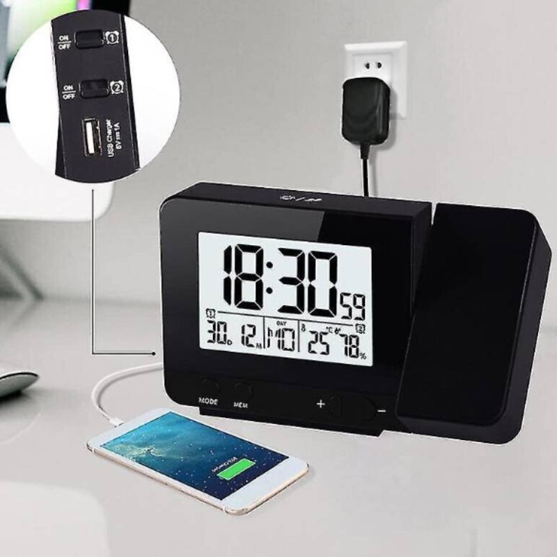 Projection Digital Alarm Clock With Humidity And Moon Phase For Bedroom And Office Spaces
