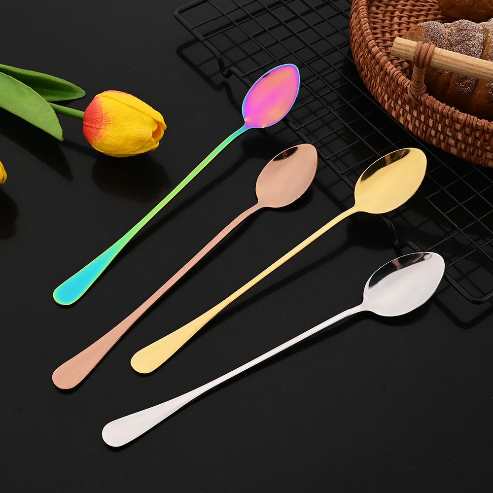 8Pcs Golden Long Handled Spoons, Thickened Stainless Steel Coffee Spoons, Pointed Mixing Spoons, Round Spoons, and Ice Spoons