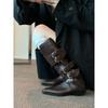 Cowhide Version~ Long Boots Femininity Pointed V-mouth Thin Boots Belt Buckle But Knee High Thick Heel Knight Boots