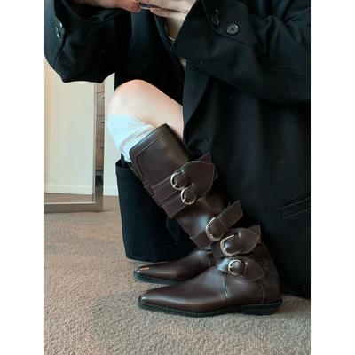Версия из коровьей кожи~ длинные ботфорты женственность острый носок V-образный вырез тонкие ботинки пряжка ремня но до колена толстый каблук рыцарские ботинки