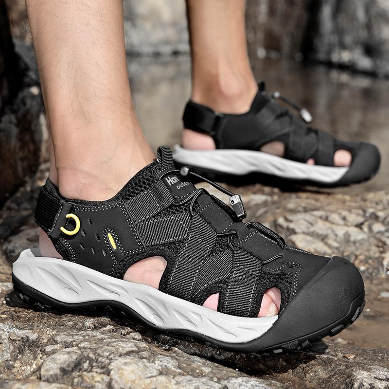 Summer Men's Hollow Leather Beach Sandals Toe Cap Outdoor Sports Shoes Handmade Mesh Shoes