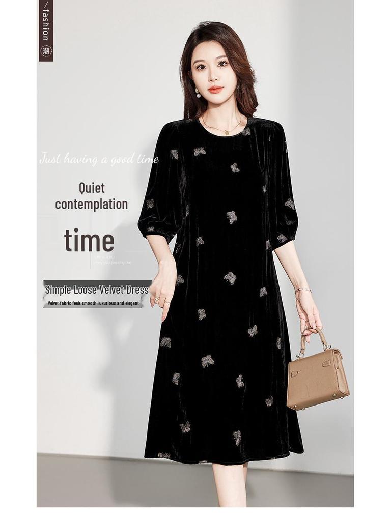 2025 Autumn Women's Silk Velvet Dress with Butterfly Embroidery, High Waist, Mid-Sleeve, Loose Fit