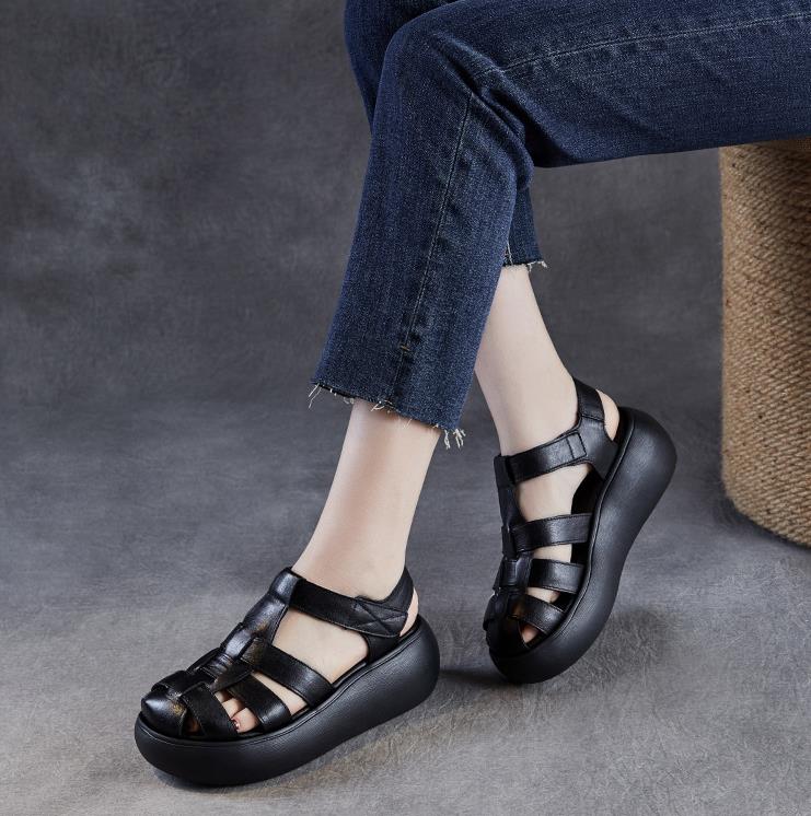 Fashion High Quality 6CM Cow Weave Genuine Leather Hollow Booties Sandals Boots Flats Women Mary Jane Pumps Platform Wedge SummerShoes