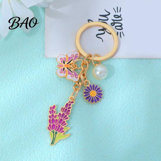 Keychain Pendant with Round Imitation Pearls, Flower Butterfly Enamel Charm Multi-color Key Ring, Pastoral Style Layered Holder Strong Chain Keyring