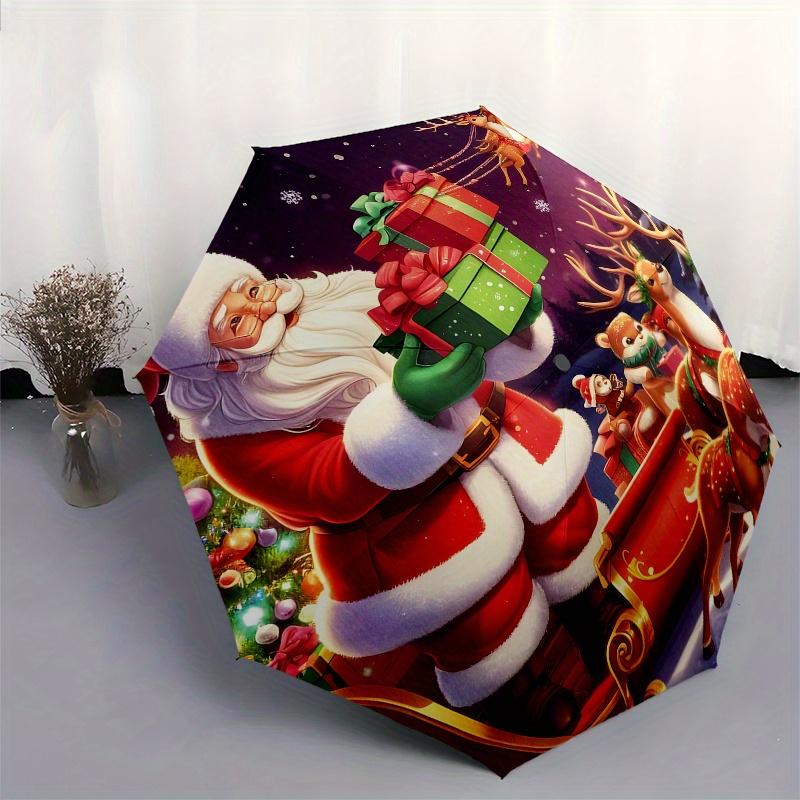 Santa Claus & Reindeer Christmas Sleigh Decorative StickerUmbrella, Portable 3-Fold Compact Umbrella,Christmas Gift ES429