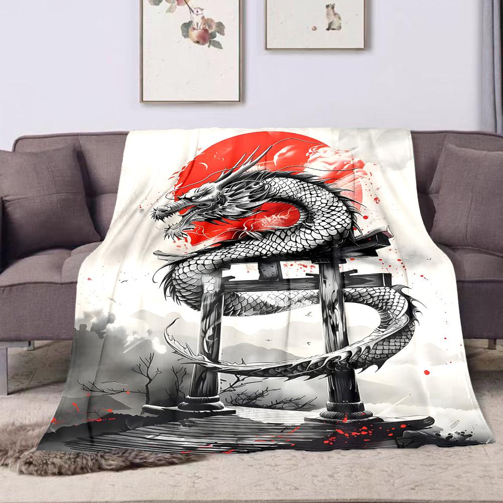 1PC Red sun and coiling dragon printed blanket all seasons multi-purpose blanket suitable for sofa, camping, travel, car
