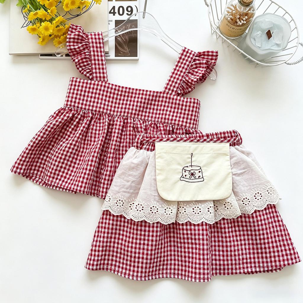 Girls Summer Red And White Plaid Two Piece Set Embroidered Flutter Sleeve Cami Top And Tiered Cake Skirt Outfit