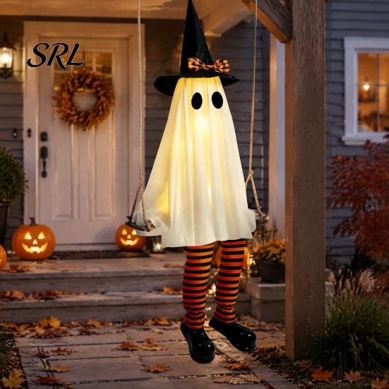 Indoor Halloween Entryway Decor Hanging Swing Ghost Decoration, Light Up Large Swinging with Motion Activated Display Witch Hat And Striped