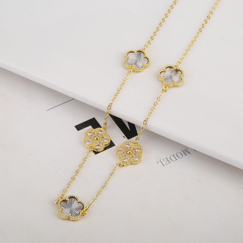 Adjustable Lucky Clover 5-Petal Flower Charm Bracelet Necklace Set Women Gold Plated Copper Jewelry