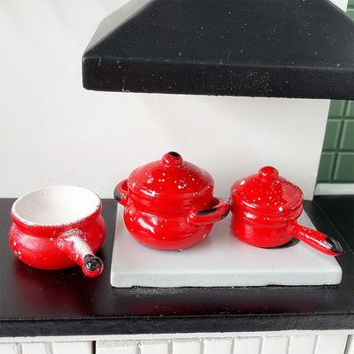 3 шт. Миниатюрная модель красной кастрюли для кукольного домика 1/12, Кукольный дом, Кухонная утварь, Кухонное украшение, Декор сцены кукольного домика, Игрушка для ролевых игр