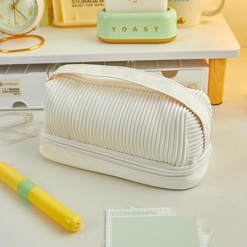 Двухуровневая сумка-карандаш, чехол для ручки, авокадо, зеленый, кремовый, белый, из искусственной кожи, сумка для хранения канцелярских принадлежностей, макияжа, путешествий