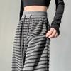 Women's Black and Gray Striped Wide-Leg Pants - High-Waisted, Elastic, Drawstring, Floor-Length (Spring/Autumn 2025)
