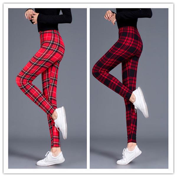 Women Plaid Leggings Girl Slim Cropped Trousers High Elasticity Skinny Casual Pants EMA