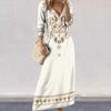 Women Dress Ethnic Style Print V Neck Long Sleeve Bohemian Loose A-line Pullover Soft Ankle