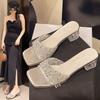 2025 Summer New European and American Large Size One-word High-heeled Slippers Foreign Trade Sequins Square Head Transparent and Cool Slippers Women