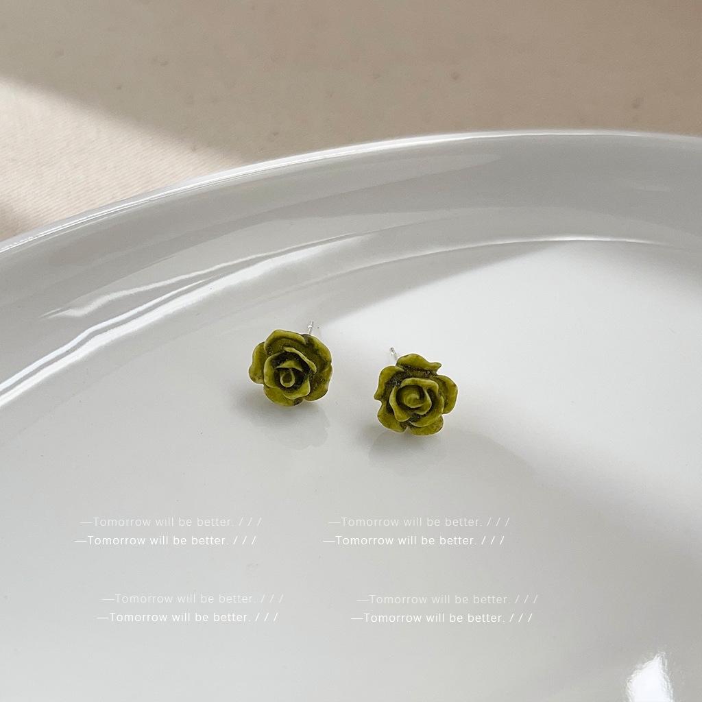 Green Floral Earrings - Japanese Korean Sweet Tea Series, High-End Whitening Ear Accessories