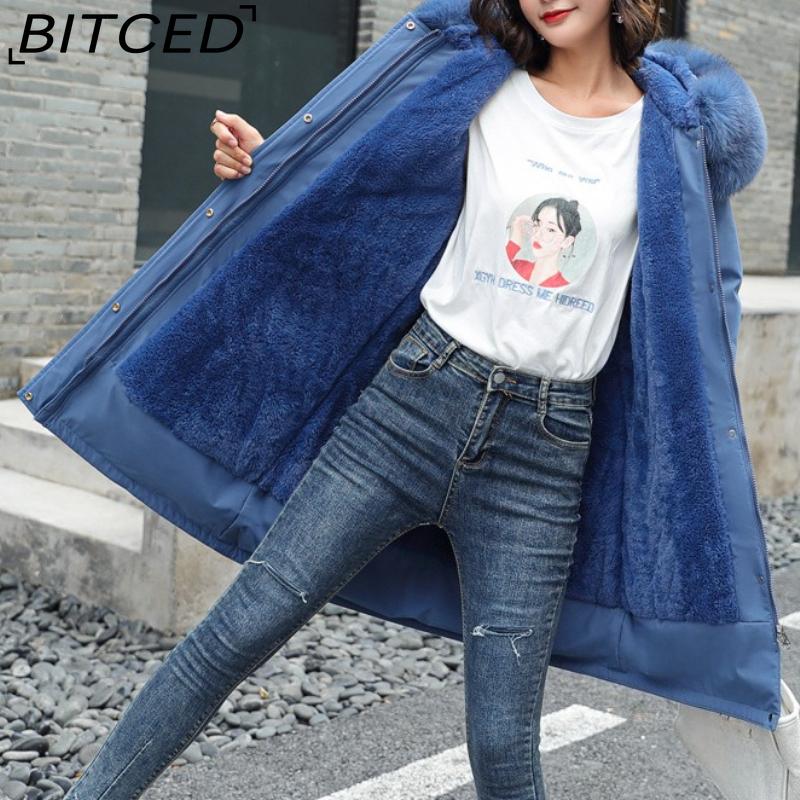 BITCED Winter Women's Mid-Length Cotton Coat with Large Fur Collar and Fleece Lining