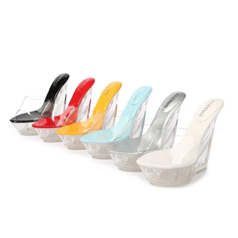 Sexy Ultra-high Heel Cool Slippers High Transparent Slope Crystal Waterproof Platform Sexy Open-toed Sandals WZ
