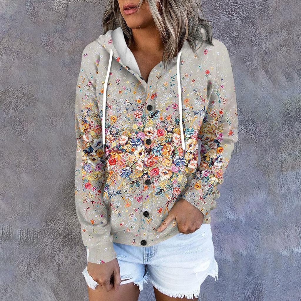 Women's Hoodie, Printed Long Sleeved Loose Hooded Sports Jacket
