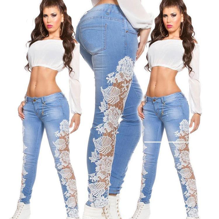 European & American High-Waist Lace Hollow-Out Denim Pants - Sexy Cotton Long Pants for Women