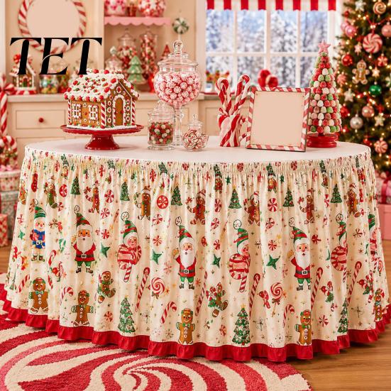 Christmas Table Skirt Skirt, Santa Claus Elk Prints, Elastic Edge, Dining Decor, Holiday Elf Xmas Tree Festive for Home Party Decoration Dinner