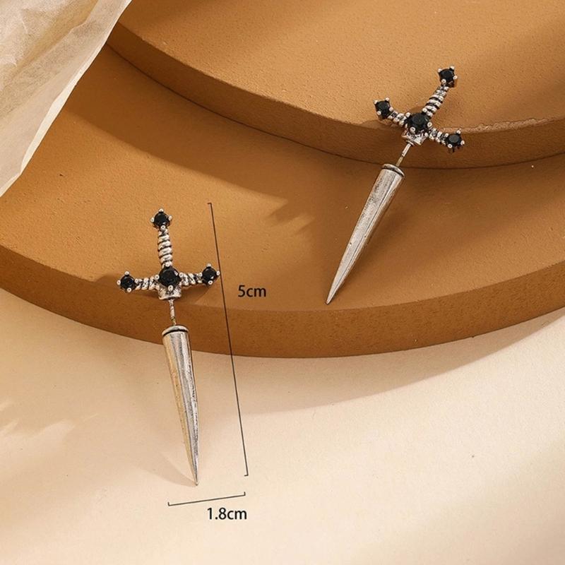 Novel Punk Multicolor Crystal Dagger- Earrings Metal Sword- Handle Studs Earrings for Women Girls Halloween Jewelry Gift
