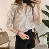 Летняя мода с круглым вырезом в полоску, женские топы с коротким рукавом, свободные повседневные блузки больших размеров, женские элегантные винтажные простые офисные женские рубашки 1283
