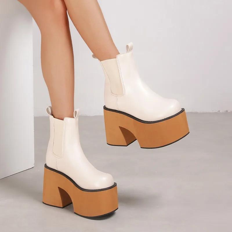 Женские сапоги на высоком каблуке 2024 года, новые модные сапоги из искусственной кожи на толстой подошве в готическом стиле, женские повседневные сапоги без застежек на осень до середины икры