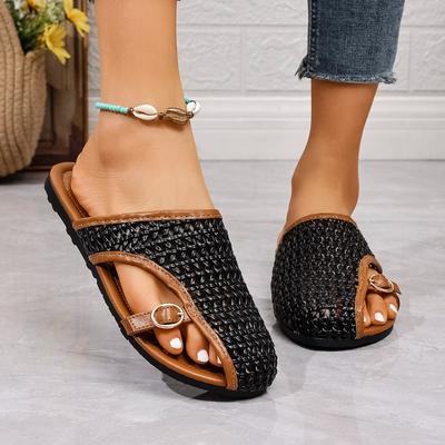 Плоские шлепанцы Лето Новые Круглый носок Глубокий вырез Металлическая пряжка Сетчатая поверхность Мягкая подошва Противоскользящие Износостойкие Сандалии