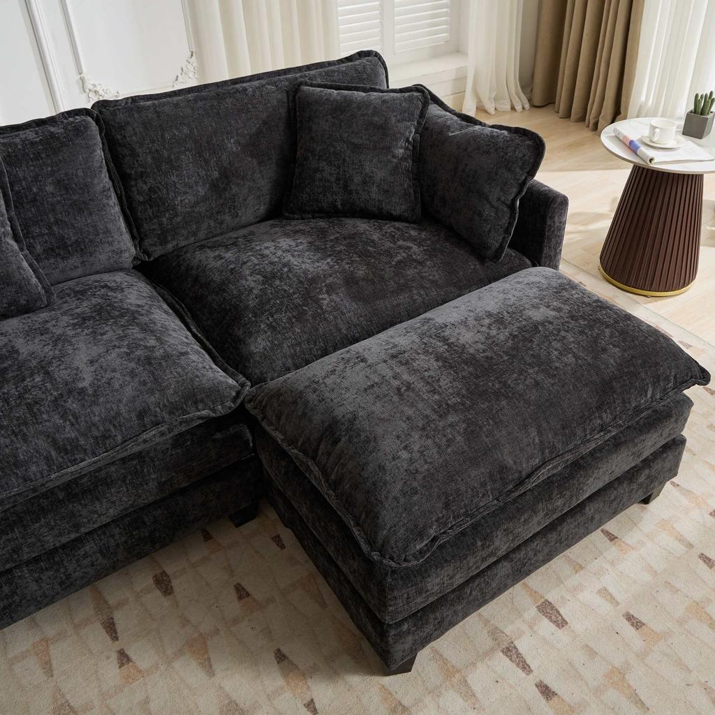 Cloud Sofa 3 Seats (Ottoman is not included), Sectional Couch, Double Layer Upholstered Seat Cushion, Chenille Fabric, Black, DEFO5013BK