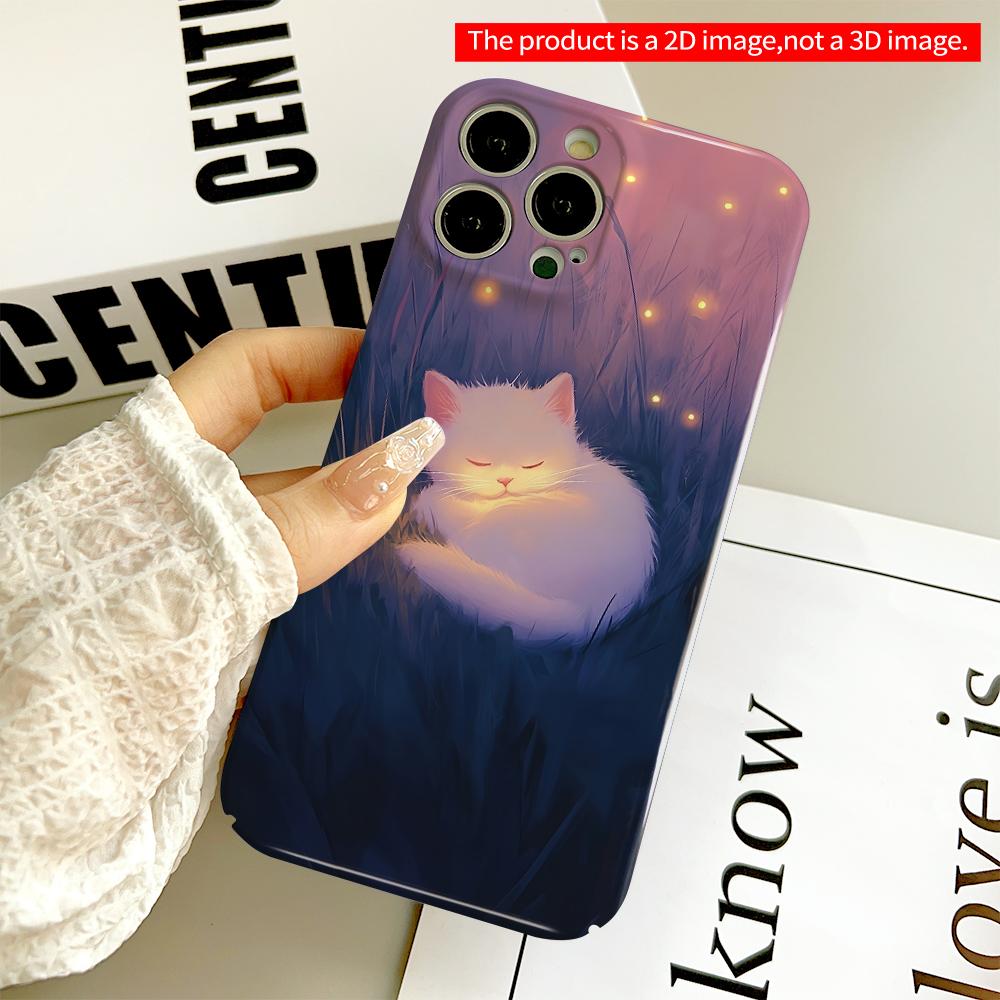 2DFlat Glowing White Cat in Starlit Grass All inclusive film hard phone case, compatible with iPhone 18 Pro Max 17 16 15 14 13 12 11