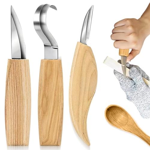 Kasanidika Wood Carving Kit (3-Piece Set) with Hook Knife, Carving Tools, Wood Handle, Stainless Steel, Paper Box, Portable, Fine Cutting, for Persona