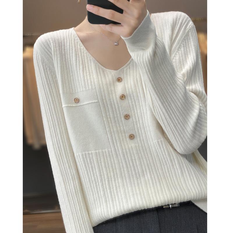 DAFIFY Women's Fashion Casual Fall Winter Solid Color Print Long Sleeve V-Neck Sweaters