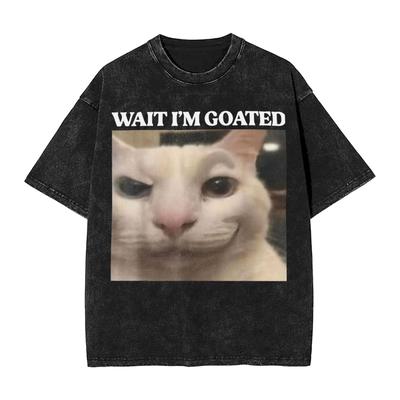 Wait I'm Goated Cat Silly Funny Cat Meme Washed T Shirt Street Cotton T Shirts Summer O-Neck Hippie Tee Shirt Oversize Tops