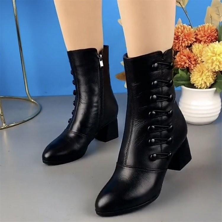 Soft Leather Boots, Short Boots, Women's Autumn and Winter Fashion Mid-heel Mid-tube Cotton Shoes with Velvet Soft Sole