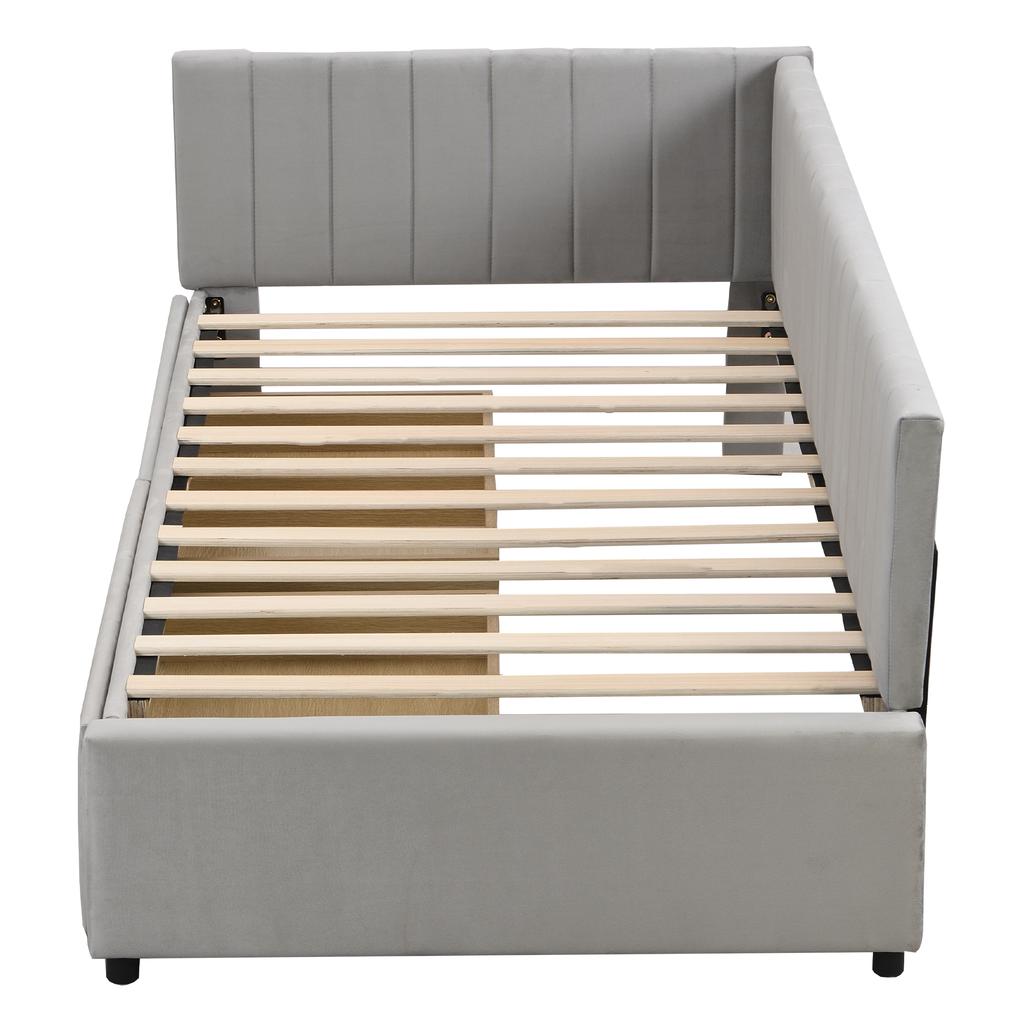 Upholstered Bed Sofa Bed 90*200 Multifunctional Bed with 2 Large Storage Drawers and Slatted Frame Skin-friendly Velvet Fabric Grey