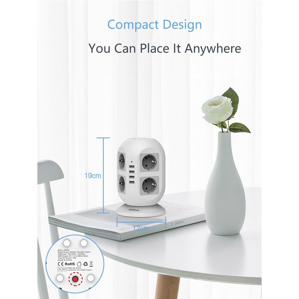 Tessan Удлинитель Tower Вертикальная защита от перенапряжения Вилка европейского стандарта Несколько розеток с переключателем 8 розеток 4 порта USB Удлинительный кабель длиной 2 м