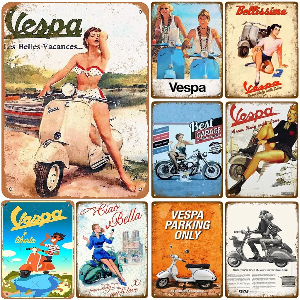 Металлические жестяные таблички Мотоциклы Vespa Настенное украшение Табличка Винтажный художественный плакат Жестяная картина для мужской пещеры Дома Кафе Сада Клуба Бара