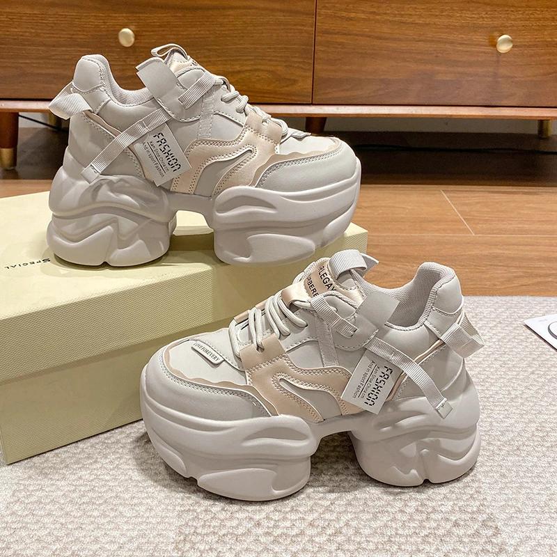 Модные новые модные массивные кроссовки женские осенние спортивные туфли на платформе со шнуровкой женские 8 см толстые высокие каблуки женские кожаные кроссовки