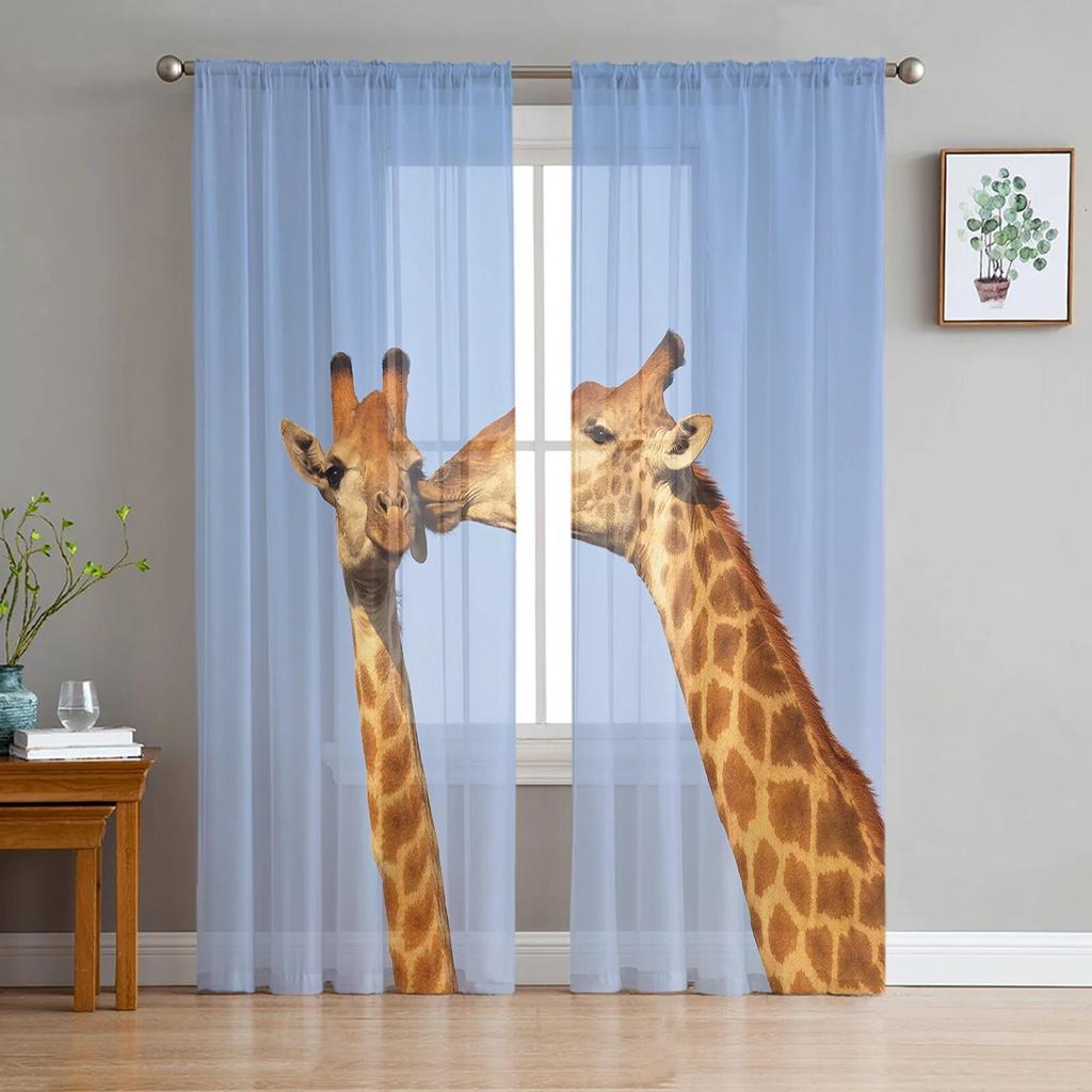 Giraffe Animal Oil Painting Tulle Curtains Balcony Room Fashion Printed Sheer Curtain Living Room Window Modern Decor