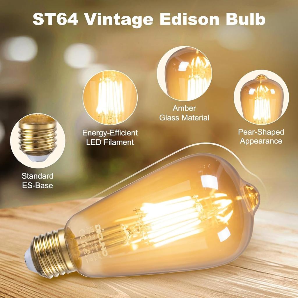 Винтажная лампочка E27 Лампа Эдисона с винтовым цоколем, 6 Вт эквивалент 60 Вт, Ретро лампа из янтарного стекла, 2200 К теплый белый, Недиммируемая, Светодиодная лампа с нитью накаливания ES